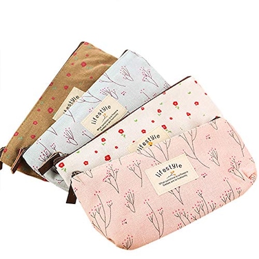 AKIRO Pencil Case Cute Floral Flower Canvas Zipper Pencil Cases Lovely Fabric Flower Tree Pen Bags Supplies 4 Pcs
