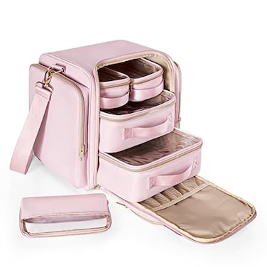 Prokva Travel Makeup Bag with 5 Removable Cases Large Cosmetic Case Make up Organizer with Strap and Multiple Storage Pockets Pink Patented Design