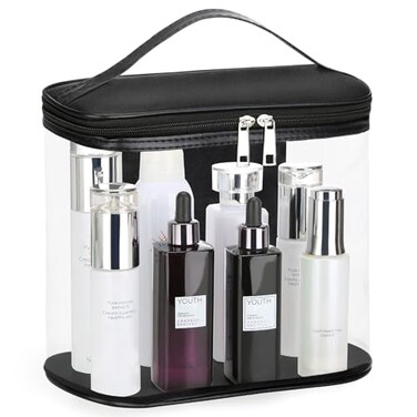 HAOGUAGUA Heavy Duty Leak Proof Clear Travel Bags for Toiletries Transparent Makeup Cosmetic Bag with Zipper and Handle Large Black
