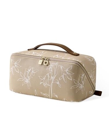 EACHY Travel Makeup Bag Large Capacity Cosmetic Bags for Women Waterproof Portable Pouch Open Flat Toiletry Bag Pattern Makeup Bag FBrown