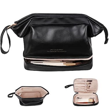 Abiudeng Large Makeup Bag for WomenTravel Makeup Organizer with Brush Holder Dopp Kit EssentialsWaterproof PU Cosmetic Bag for TravelingMulti Compartment CuteSpacious CapacityBlack