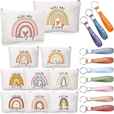 Inbagi 10 Set Inspirational Thank You Gift Bulk for Women with Keychains and Makeup Bags for Coworker Employee Appreciation