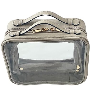 JAZD Clear Makeup Bag Toiletry Bag for Women Cosmetic Case Large Capacity Travel Make Up Bag Organizer Transparent Storage Compartment TSA Approved GRAY