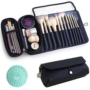 Warmstore Makeup Brush Bag Travel Makeup Brush Case Makeup Brush Holder Organizer Cosmetic Bag Portable Roll Up Brush Storage Bag for Makeup Brushes and Cosmetic Essentials Black