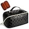 Cessfle Large Capacity Travel Cosmetic Bag Plaid Checkered Makeup Bag Portable Leather Waterproof Skincare Bag with Handle and Divider for Women 01Black