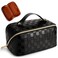 Cessfle Large Capacity Travel Cosmetic Bag Plaid Checkered Makeup Bag Portable Leather Waterproof Skincare Bag with Handle and Divider for Women 01Black