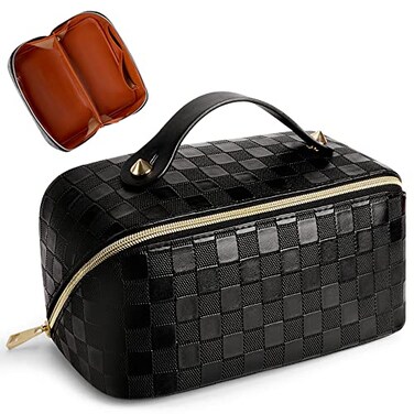 Cessfle Large Capacity Travel Cosmetic Bag Plaid Checkered Makeup Bag Portable Leather Waterproof Skincare Bag with Handle and Divider for Women 01Black