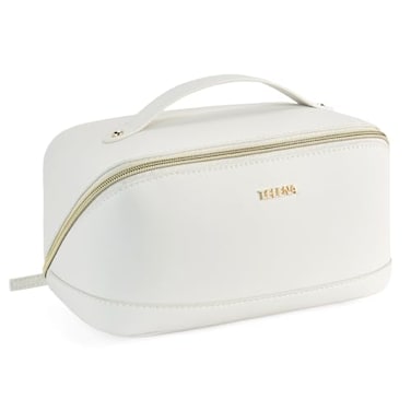 Telena Leather Make Up Bag Portable Travel Makeup Bag Waterproof Cosmetic Bags for Women Large Capacity With Handle and Divider Open Lay Flat