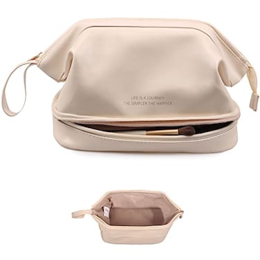 Abiudeng Waterproof Double Layer Makeup Bag for Women Large Capacity Faux Leather Travel Cosmetic Bag with Compartments Brush Holder Portable Makeup Organizer for Traveling Gift for women
