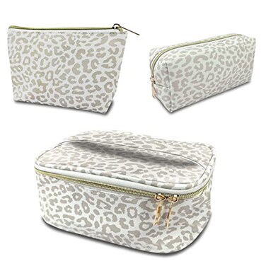 Deokke 3Pcs Makeup BagTravel Makeup BagMakeup Bags for WomenMakeup Brush BagLarge Capacity PU Cosmetic BagWaterproof and DurableGrey White Leopard Cheetah Pattern