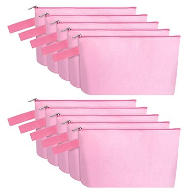 Sinzip 10 Pieces Cotton Canvas Makeup Bag with Bottom and Strap MultiPurpose Cosmetic Bag with Zipper Travel Toiletry Pouch Blank DIY Craft Bag Pink S