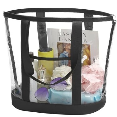 HAOGUAGUA Extra Large Clear Cosmetic Toiletry Makeup Travel Bag Waterproof Transparent Plastic PVC Tote Shoulder Bag with Handles BLACK