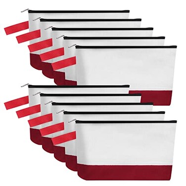 Sinzip 10 Pieces Cotton Canvas Makeup Bag with Bottom and Strap MultiPurpose Cosmetic Bag with Zipper Travel Toiletry Pouch Blank DIY Craft Bag WhiteRed M