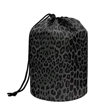 Poceacles Leopard Print Makeup Bag for Women Foldable Portable Drawstring Travel Cosmetic Case Toiletry Bucket Bags Organizer Storage Pocket Black