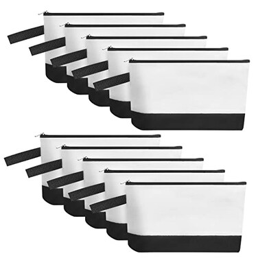 Sinzip 10 Pieces Cotton Canvas Makeup Bag with Bottom and Strap MultiPurpose Cosmetic Bag with Zipper Travel Toiletry Pouch Blank DIY Craft Bag WhiteBlack XS