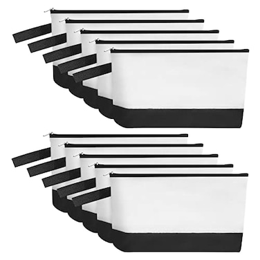 Sinzip 10 Pieces Cotton Canvas Makeup Bag with Bottom and Strap MultiPurpose Cosmetic Bag with Zipper Travel Toiletry Pouch Blank DIY Craft Bag WhiteBlack S