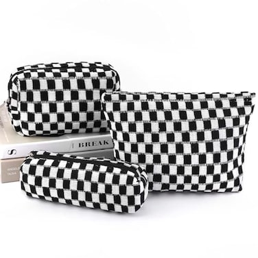 EIMMBD Makeup Bag 3 Pieces Large Capacity Checkered Cosmetic Bags Travel Toiletry Bag Organizer Cute Makeup Pouch Storage for WomenBlack