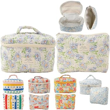 Fcteap Makeup Bag Travel Essentials Quilted Cosmetic Toiletry Pouch Organizer Insert for Women Dorm Room Essential Gift Large Capacity Opening Lightweight Cute Aesthetic Portable 2PCS Flower