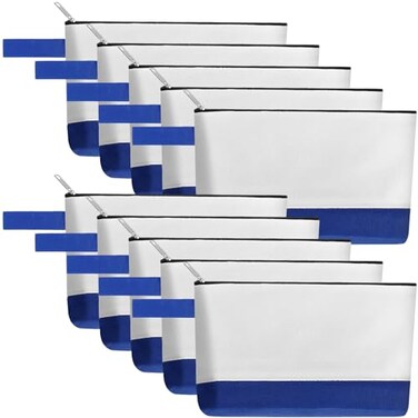 Sinzip 10 Pieces Cotton Canvas Makeup Bag with Bottom and Strap MultiPurpose Cosmetic Bag with Zipper Travel Toiletry Pouch Blank DIY Craft Bag WhiteBlue M