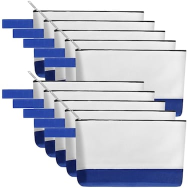 Sinzip 10 Pieces Cotton Canvas Makeup Bag with Bottom and Strap MultiPurpose Cosmetic Bag with Zipper Travel Toiletry Pouch Blank DIY Craft Bag WhiteBlue L