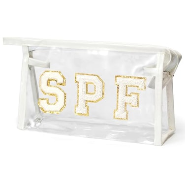 AsodSway Preppy Patch SPF Cosmetic Bag Summer SPF Varsity Letter Clear Toiletry Makeup Bag Waterproof PVC Cosmetic Case MultiFunction Zippered Pouch Makeup Pouch for Beach Pool Pencil Pouch White