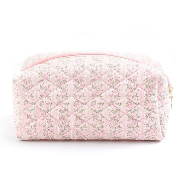 TJJII Floral Makeup Bag Cute Quilted Makeup Toiletry Bag Zipper Cosmetic Pouch Daily Travel Use Skincare Bag Multipurpose Organizer Bag Blossom Blush Pink
