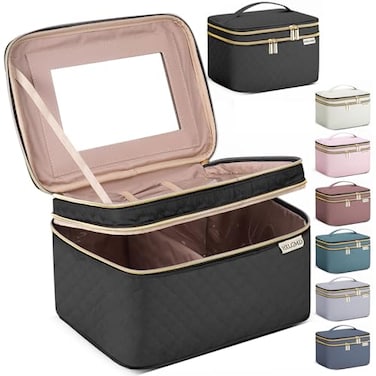 HXLGMD Large Makeup Bag with Mirror Double Layer Travel Make Up Organizer Case Large Capacity Coemetic Bag with Brush Slot Divider