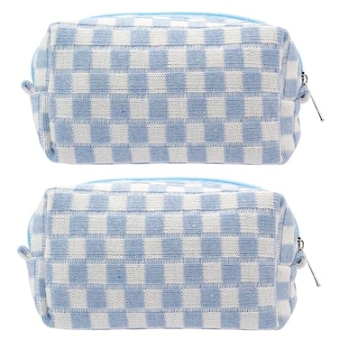 PAZIMIIK Checkered Makeup Bag for Purse Portable Zipper Make Up Pouch Small Cosmetic Case for Travel Accessories 2PCS Blue