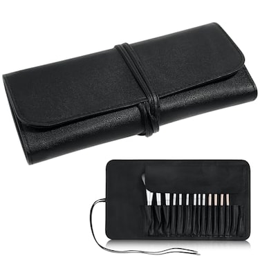 ULTECHNOVO Makeup Brush Case Travel Makeup Brush Case Roll Up Brush Holder Organizer Pouch Cosmetic Bag for Travel Rolling Bag Storage Case PU Leather