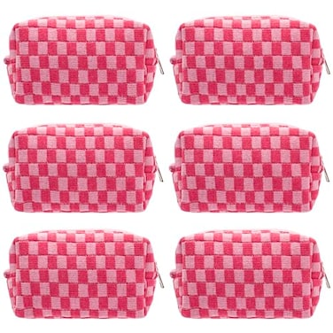 PAZIMIIK Checkered Makeup Bag for Purse Portable Zipper Make Up Pouch Small Cosmetic Case for Travel Accessories 6PCS Hotpink