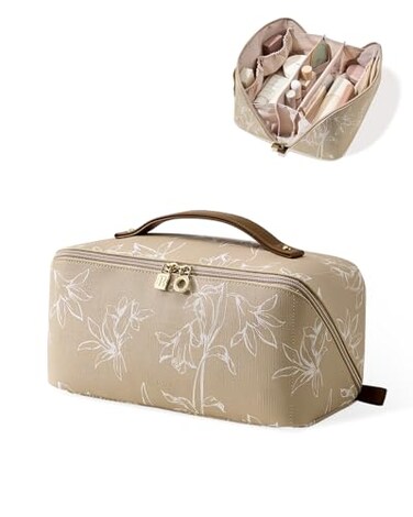 EACHY Travel Makeup BagLarge Capacity Cosmetic Bags for WomenWaterproof Portable Pouch Open Flat Toiletry Bag Pattern Makeup Bag FBrownLarge
