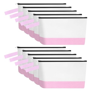 Sinzip 10 Pieces Cotton Canvas Makeup Bag with Bottom and Strap MultiPurpose Cosmetic Bag with Zipper Travel Toiletry Pouch Blank DIY Craft Bag WhitePink S