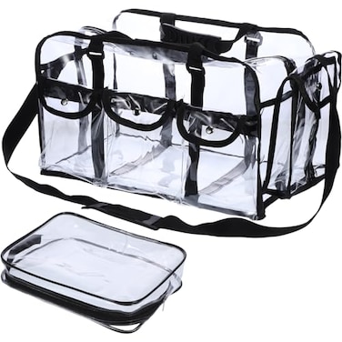 Abbylike 2 Pcs Large Professional Clear PVC Travel Makeup Bag with 4 External Pockets and Shoulder Strap Zippered Toiletry Bags for WomenBlack