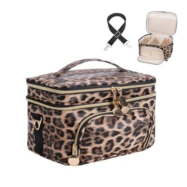 FITINI Double Layer Travel Leopard Makeup BagExtra Large Women Cosmetic Organizer CaseSkin Care Essentials Toiletries Bags with Shoulder Strap Waterproof Brush Storage with Removable Dividers