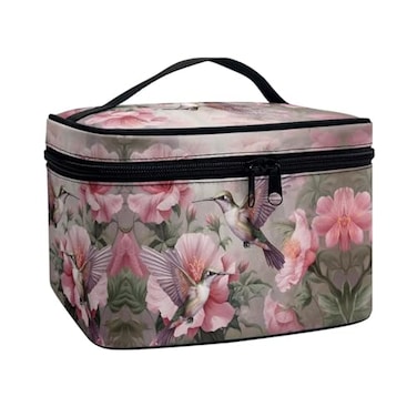 Flashideas Hummingbird Floral Makeup Bag Large Capacity Travel Make Up Bag Easy to Hold Portable Storage Bag Makeup Bags Case Organizer for Cosmetics Vertical Storage