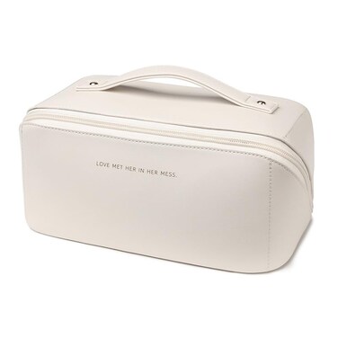 zaleeta Travel Makeup Bag Large Capacity Cosmetic Organizer Bags for Women Waterproof PU Leather Toiletry Bags Wide Open Flat Makeup Case with Divider and Handle