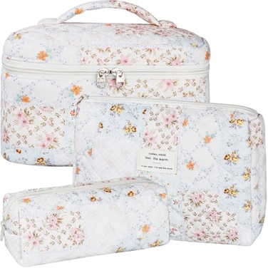 BuyCard Floral Quilted Makeup Bag Set 3Pcs Cosmetic Travel Organizer with Toiletry Pouch and Brush Holder Patchwork Flowers Pattern