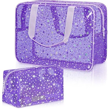 Aliceset 2 Pcs Large Clear Star Makeup Bag 12 x 5 x 8 Inch Cute Cosmetic Bag with Handle and Medium Makeup Pouch Waterproof PVC Travel Toiletry Storage Pouch Zipper Design for Storage TravelPurple