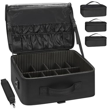 Relavel Large Makeup Bag with 3 Removable Pouches Travel Train Case Cosmetic Organizer Carrying Box for Makeup Artists Hairstylist with Adjustable Dividers Brush Holder and Shoulder Strap Black