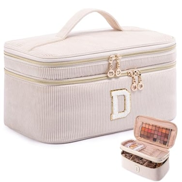 AMOIGEE Initial Makeup Bag OrganizerPersonalized Double Layer Train Case Travel Toiletry Bag for Makeup Brushes for Teens Girl Skincare Gift Set Initial Cute Cosmetic Make Up Bag for Women