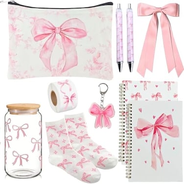 BlueRaying Coquette Pink Bow Stuff Gift Set with Bow Cup Preppy Makeup Bag Bow Notebook Keychain Accessories Bow Themed Presents for Girls Women