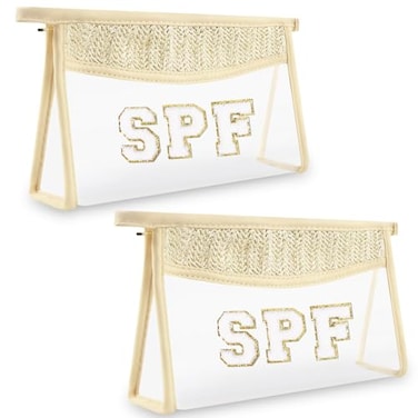 izuzta 2 Pcs Boho Straw Clear Makeup Letter Pouch Sunscreen Bags for Travel Beach Waterproof SPF Best Beach Accessories