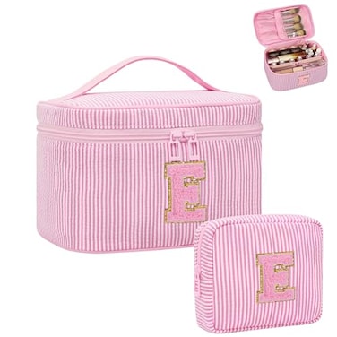 MONSTINA Personalized Initial Makeup Bag with Brush Holder for WomenMonogram Make Up Case for Girlfriend Bridesmaid WifeBirthday Gift for Her Cute Toiletry Bag2PCSPink E