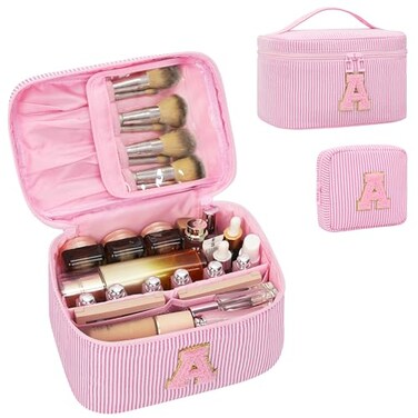 MONSTINA Initial Makeup BagMonogram Pouch Gifts for TeensPersonalized Cosmetic Bag for GirlsWomenCute Letter Make Up BagPink A