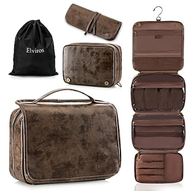Elviros Hanging Toiletry Bag Removable Travel Bag PU leather Makeup Cosmetic Organizer Kit Coffee