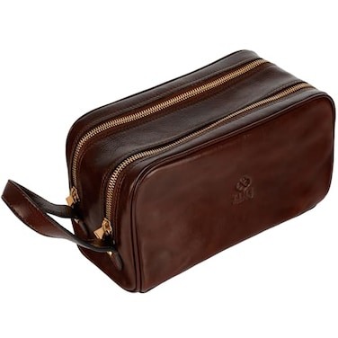 Time Resistance Leather Cosmetic Bag Italian Toiletry Dopp Kit Brown