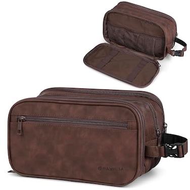 PAVILIA Toiletry Bag for Men Travel Toiletries Bag Waterresistant Dopp Kit PU Leather Shaving Pouch Organizer for Accessories Cosmetic Hygiene Grooming Essentials Dark Brown
