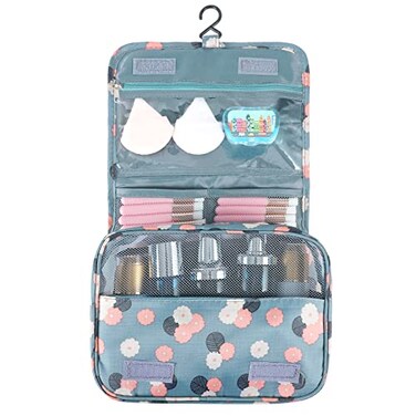 Pengxiaomei Hanging Toiletry Bag White Pink Little Flowers Waterproof Cosmetic Bag Portable Travel Makeup Pouch Wash Bag with Handle for Woman Teen Girl Gifts