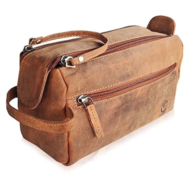 RUSTIC TOWN Leather Toiletry Bag Stylish Durable Dopp Kit with Water Resistant Lining Travel Shaving Kit Organizer for Bathroom Overnight Trips Great Gift for Men Women