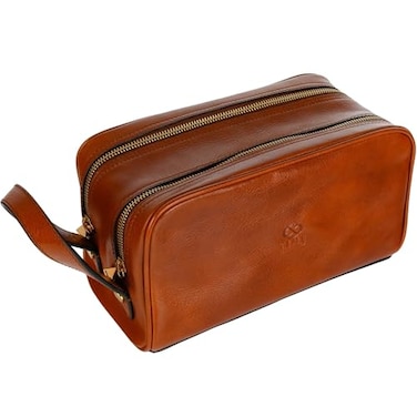 Time Resistance Leather Cosmetic Bag Italian Toiletry Dopp Kit Cognac Brown